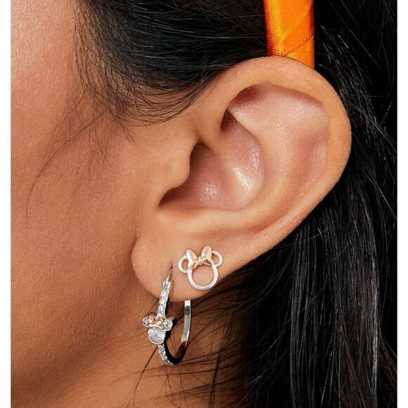 NWT Minnie Mouse Silver Plated Rose Gold Bow Silhouette Stud Earrings ￼￼￼ - Picture 2 of 6